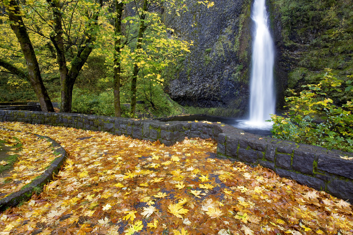 Water cascades down Horsetail Falls in the fall