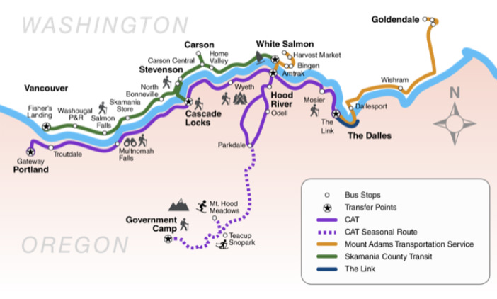 Transit route map in the Columbia River Gorge